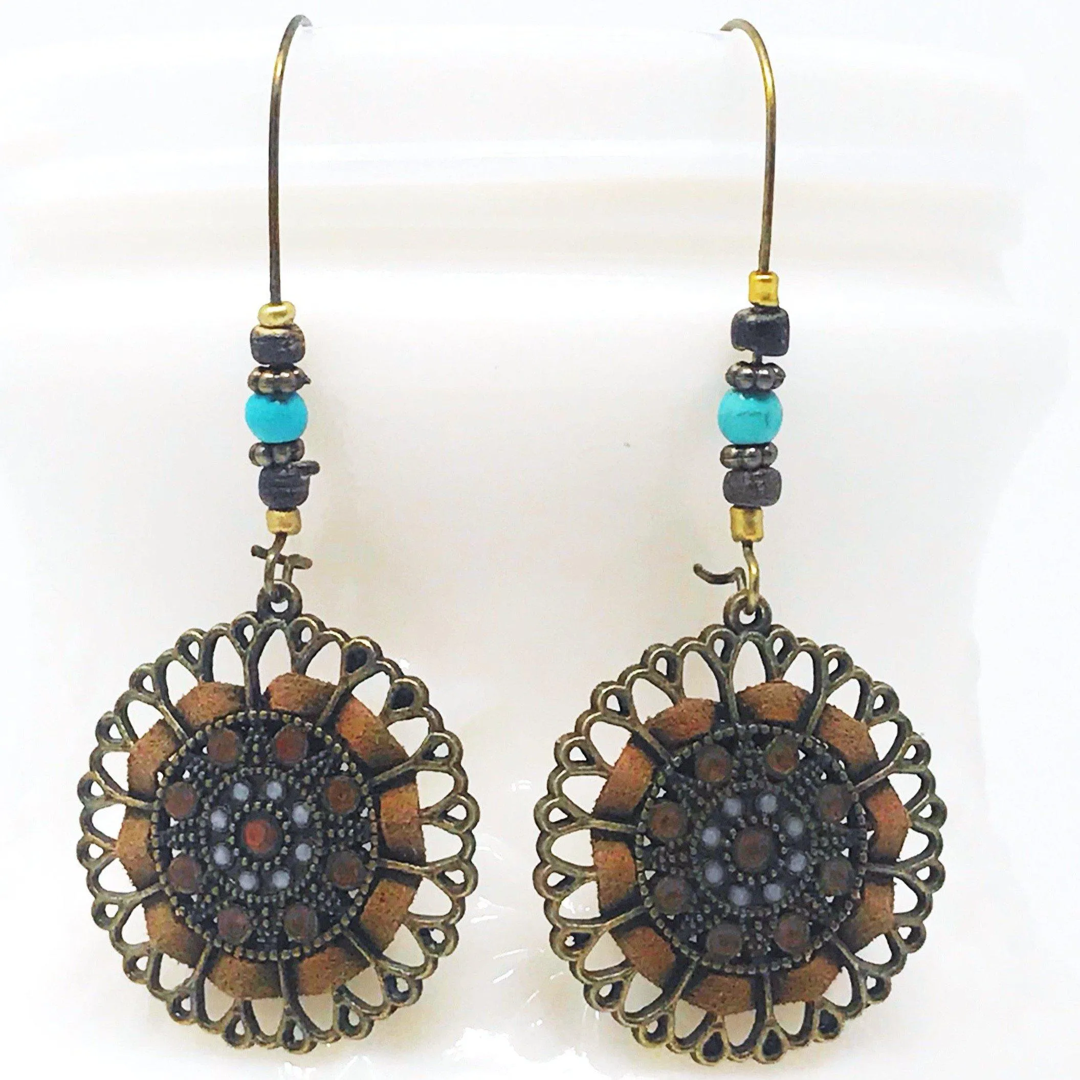 Boho Beaded Round Dangle Earrings with Suede Accents - Stylish & Unique Accessories