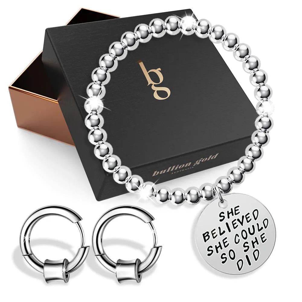 Boxed Silver Chic Earrings & Bracelet Set in White Gold