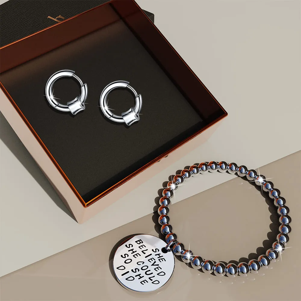 Boxed Silver Chic Earrings & Bracelet Set in White Gold