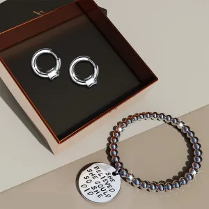 Boxed Silver Chic Earrings & Bracelet Set in White Gold