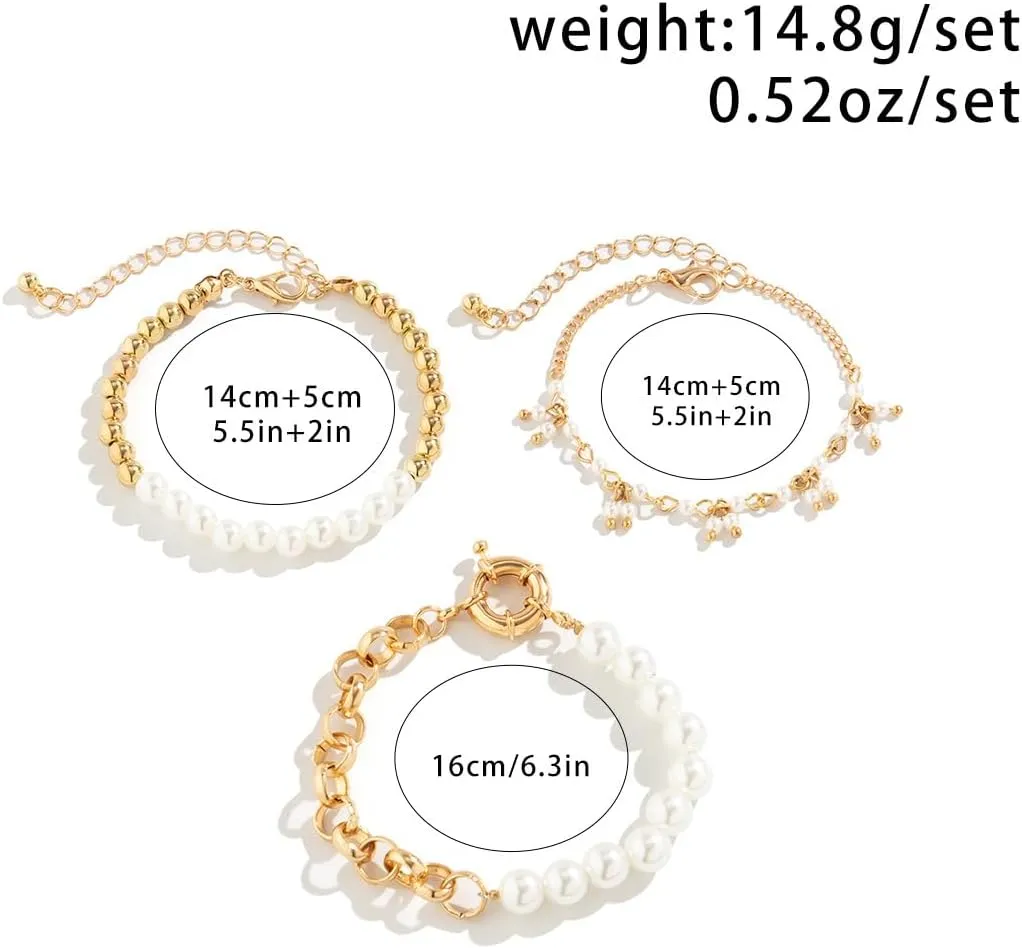 Chunky Gold Bracelets for Women Trendy Gold Chunky Stacked Pearl Bracelets Golden Pearl OT Clasp Bracelet Chain Portrait Pendant Bracelet Golden Jewelry Set Gift