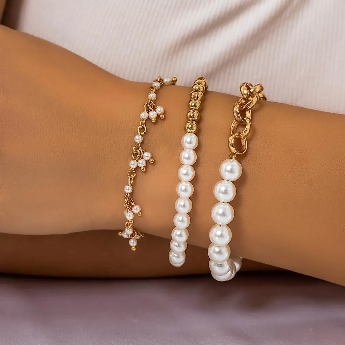 Chunky Gold Bracelets for Women Trendy Gold Chunky Stacked Pearl Bracelets Golden Pearl OT Clasp Bracelet Chain Portrait Pendant Bracelet Golden Jewelry Set Gift
