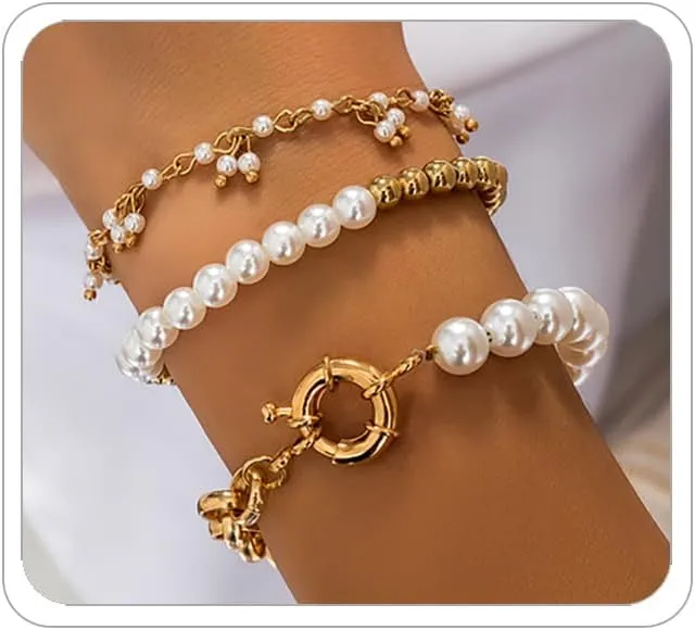 Chunky Gold Bracelets for Women Trendy Gold Chunky Stacked Pearl Bracelets Golden Pearl OT Clasp Bracelet Chain Portrait Pendant Bracelet Golden Jewelry Set Gift