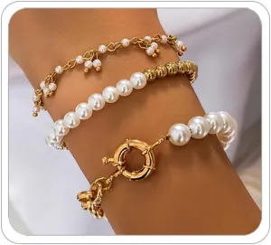 Chunky Gold Bracelets for Women Trendy Gold Chunky Stacked Pearl Bracelets Golden Pearl OT Clasp Bracelet Chain Portrait Pendant Bracelet Golden Jewelry Set Gift