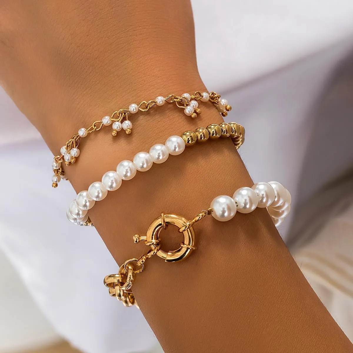 Chunky Gold Bracelets for Women Trendy Gold Chunky Stacked Pearl Bracelets Golden Pearl OT Clasp Bracelet Chain Portrait Pendant Bracelet Golden Jewelry Set Gift