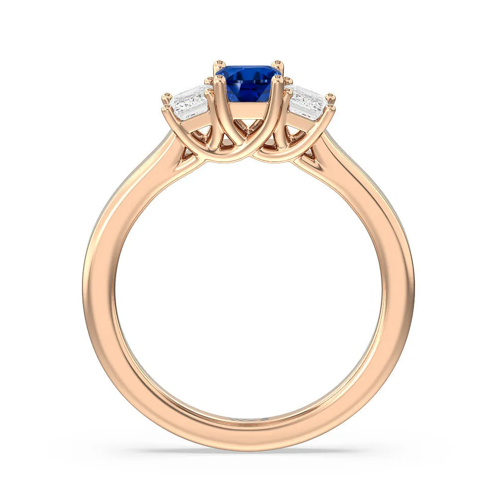 Created Sapphire Center And Emerald Cut Three Stone Diamond Ring