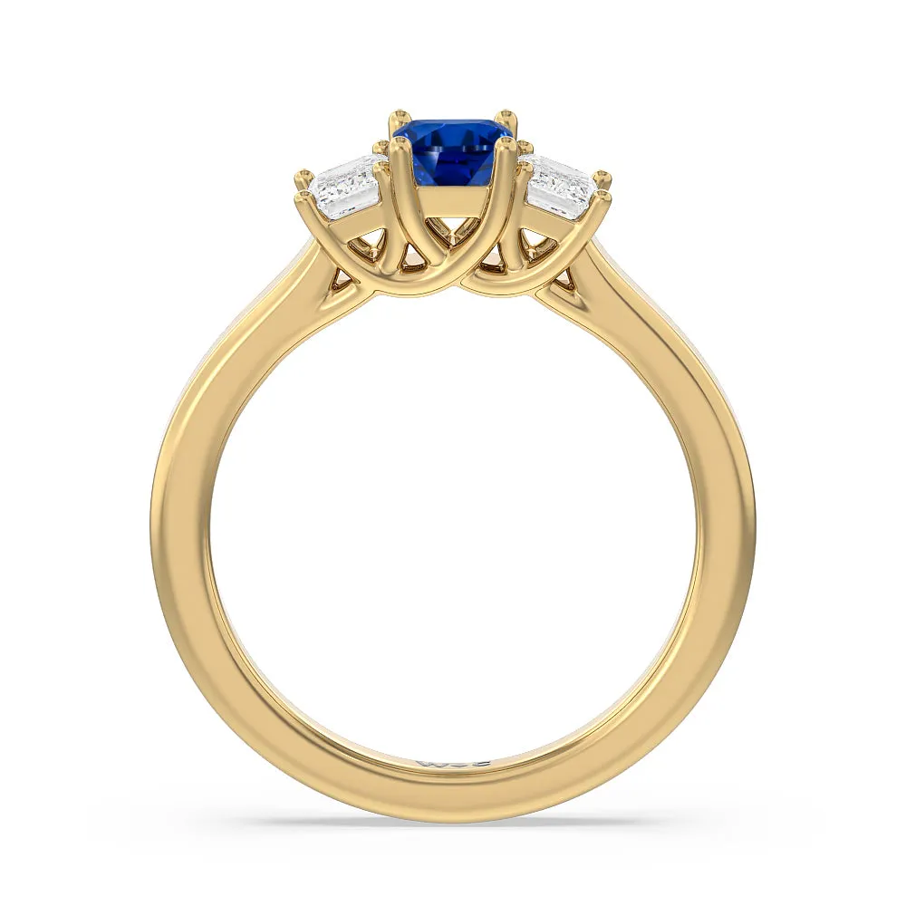 Created Sapphire Center And Emerald Cut Three Stone Diamond Ring