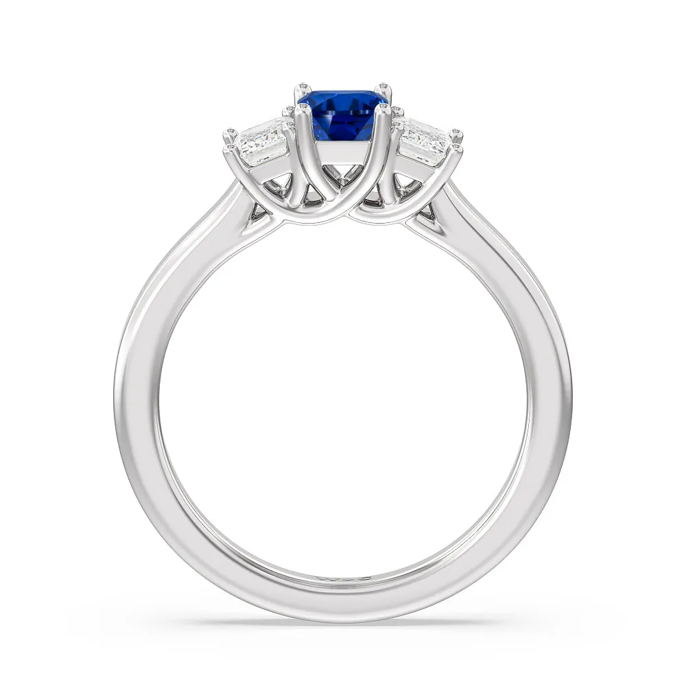 Created Sapphire Center And Emerald Cut Three Stone Diamond Ring