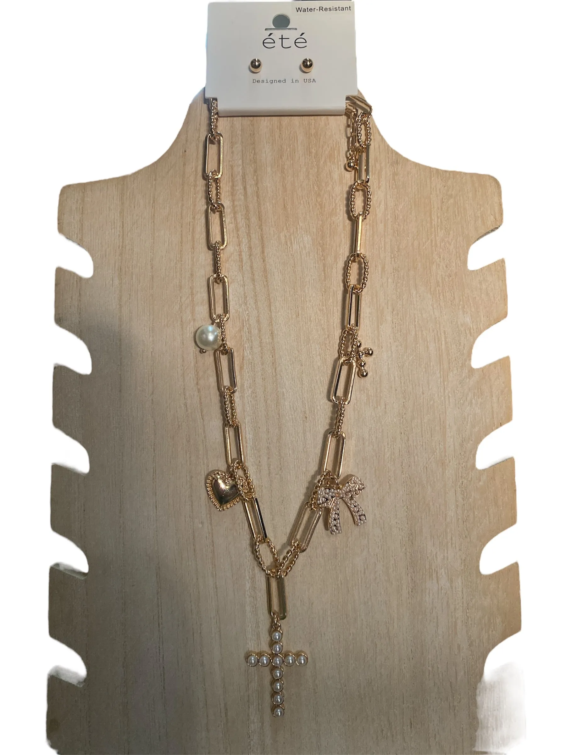 Cross, Bow, Heart, and Pearl Chain Necklace with Earrings