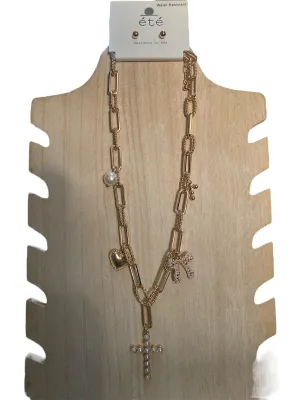 Cross, Bow, Heart, and Pearl Chain Necklace with Earrings