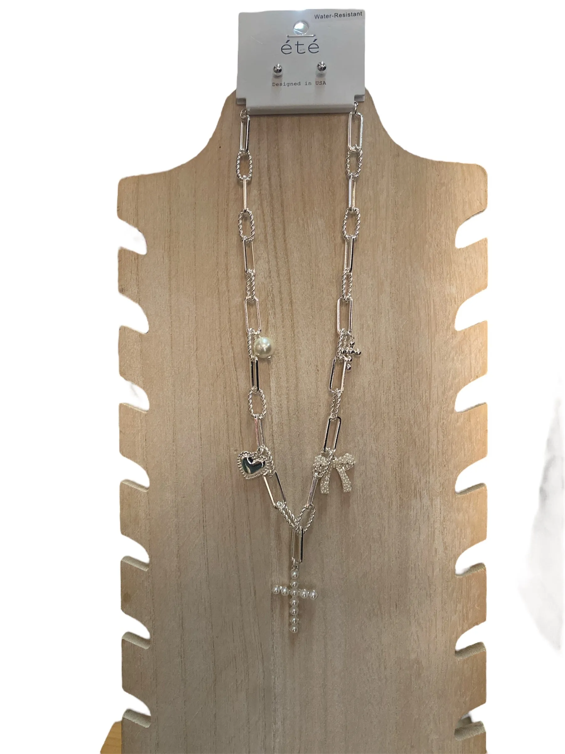 Cross, Bow, Heart, and Pearl Chain Necklace with Earrings