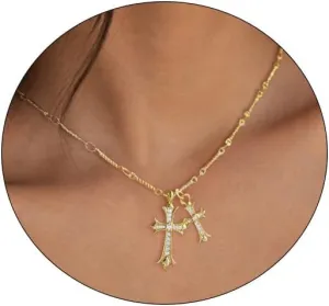 Cross Necklace 14K Gold/Silver Plated Double Cross Pendant Necklace Dainty Diamond Cross Charm Link Chain Choker Delicate Faith Jewelry Religious Gifts for Women