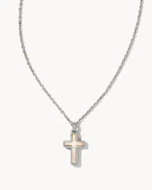 Cross Silver Pendant Necklace in White Kyocera Opal
