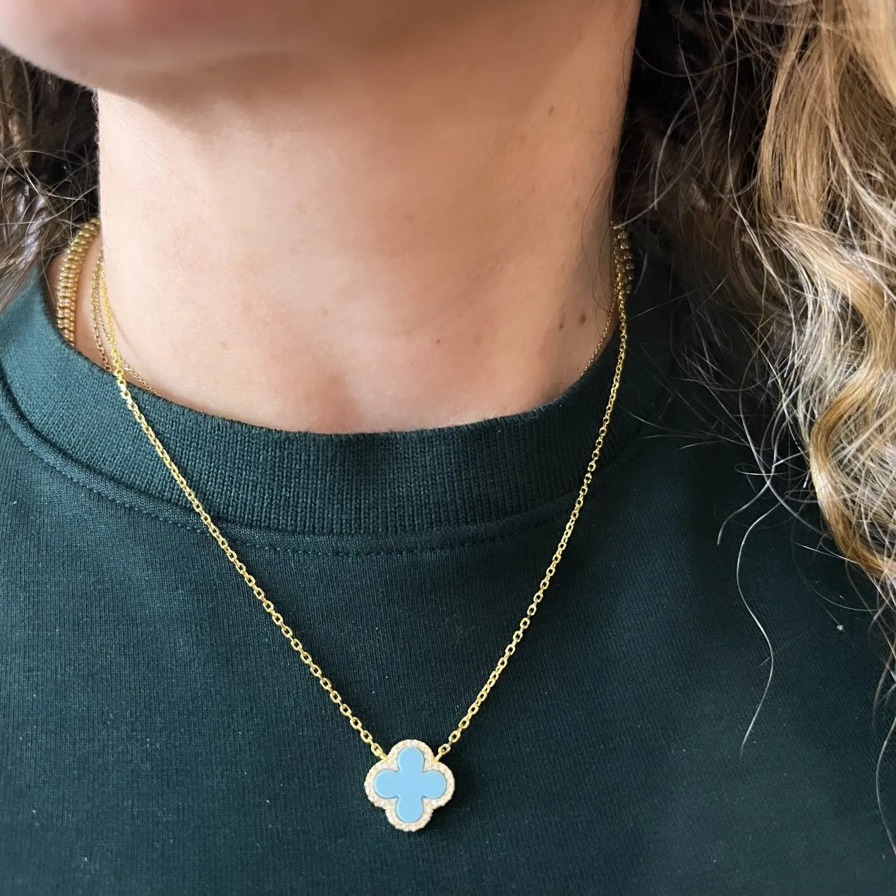 CZ Halo Turquoise Clover Necklace