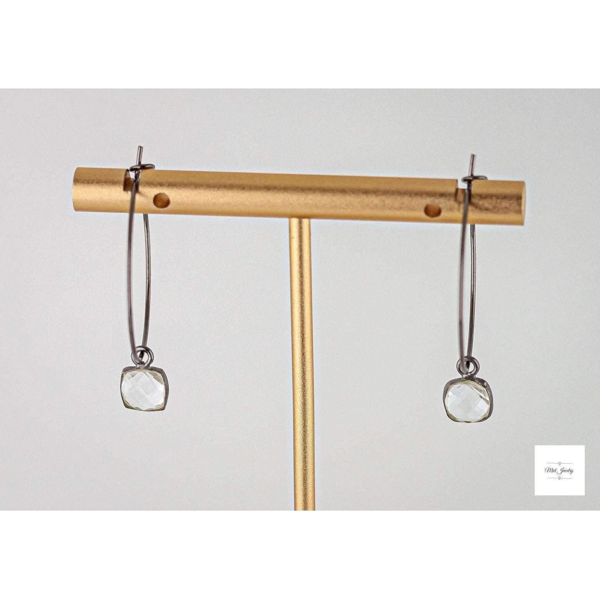 Dainty Black Gold Hoop Earrings with Clear Quartz: Small Gemstone Hoops, Sparkling & Elegant