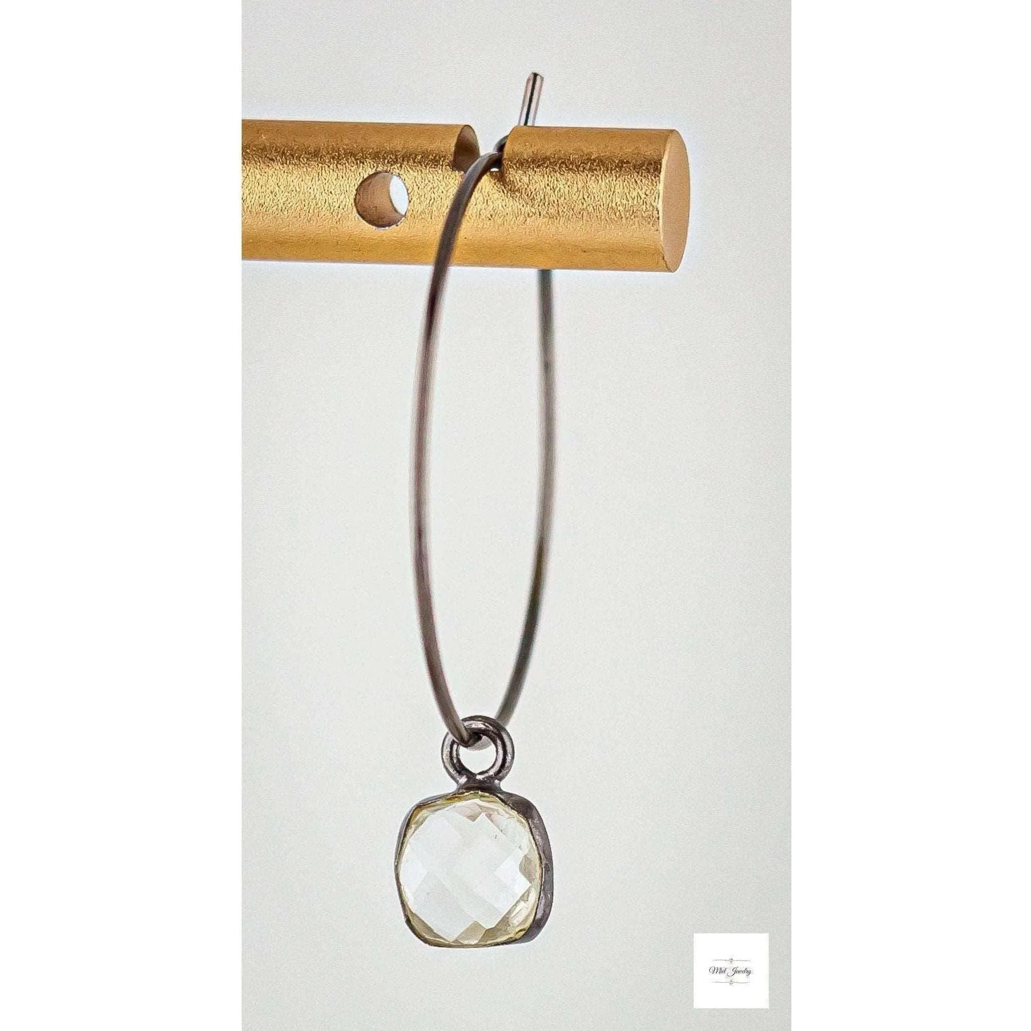 Dainty Black Gold Hoop Earrings with Clear Quartz: Small Gemstone Hoops, Sparkling & Elegant