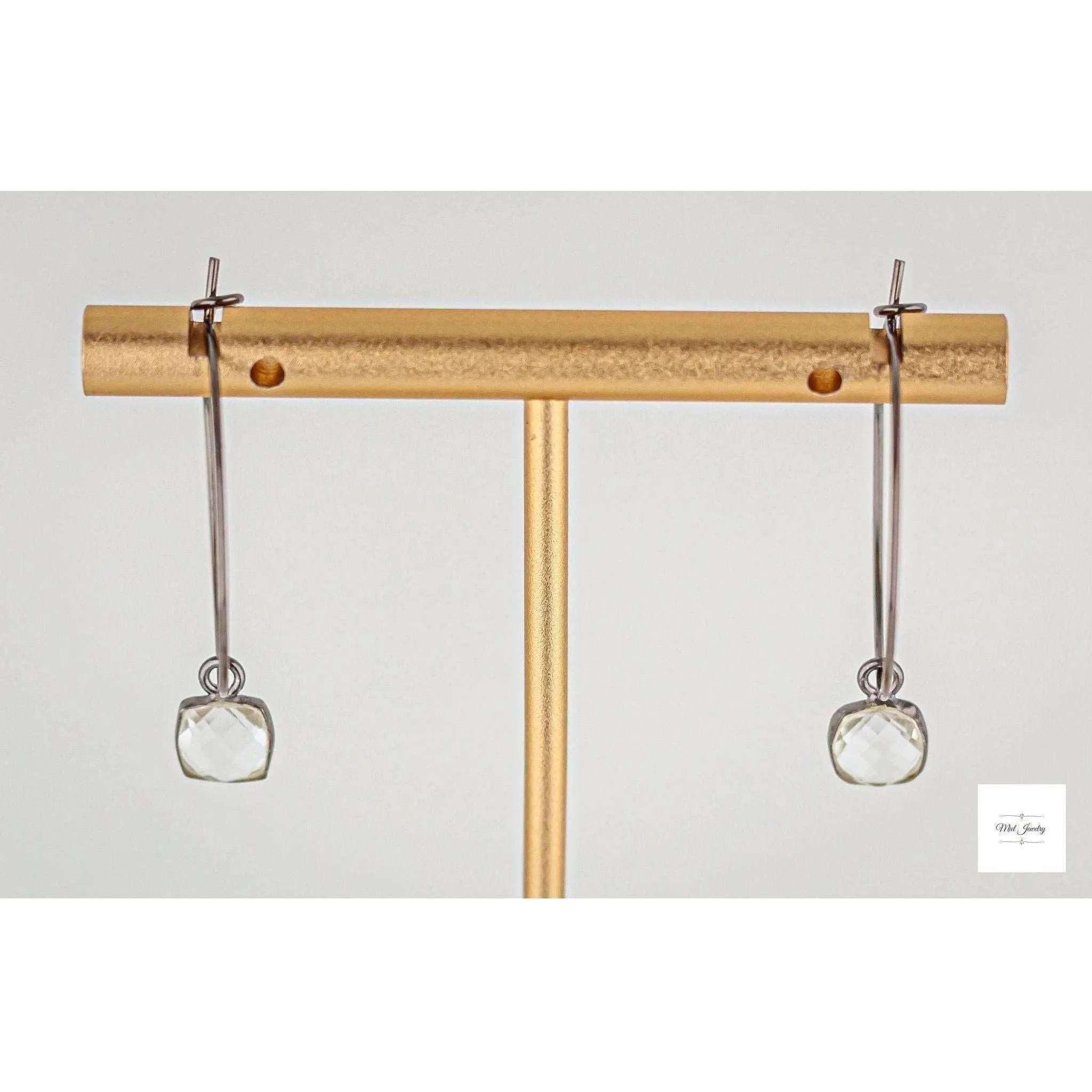 Dainty Black Gold Hoop Earrings with Clear Quartz: Small Gemstone Hoops, Sparkling & Elegant