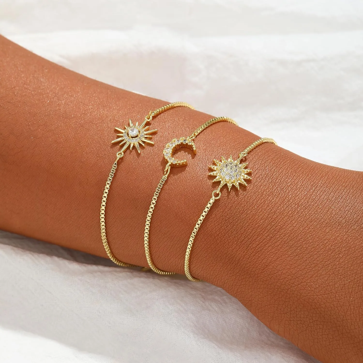Dainty Bracelets for Women, 14k Gold Plated/Silver Layered Charms Bracelet Herringbone Satellite Beads Box Rope CZ Bracelet Adjustable Cuba Link Chain Bracelet Set Jewelry Gifts