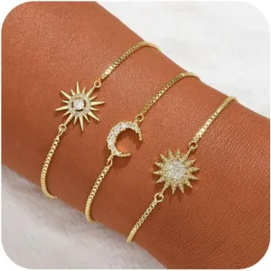 Dainty Bracelets for Women, 14k Gold Plated/Silver Layered Charms Bracelet Herringbone Satellite Beads Box Rope CZ Bracelet Adjustable Cuba Link Chain Bracelet Set Jewelry Gifts