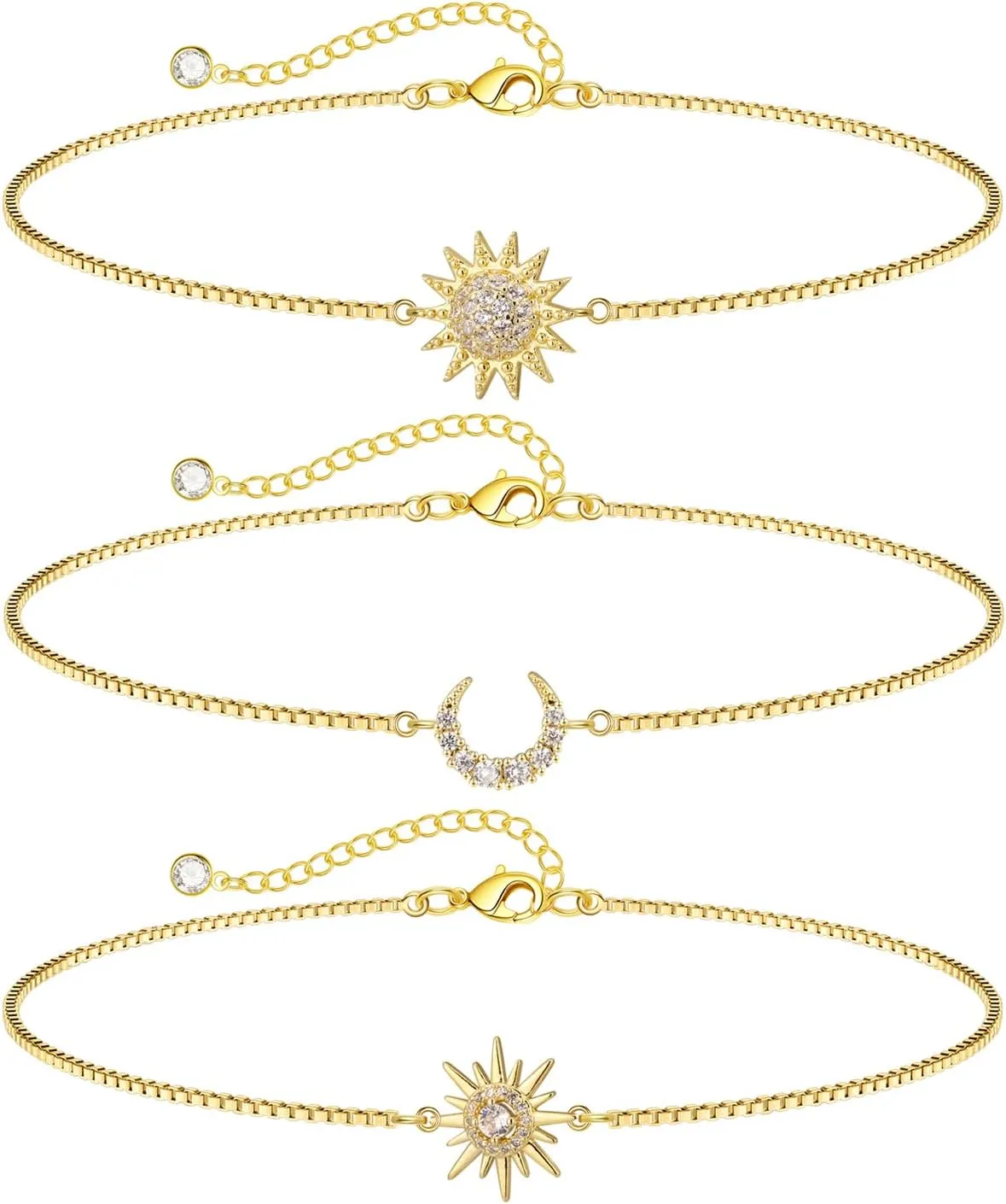 Dainty Bracelets for Women, 14k Gold Plated/Silver Layered Charms Bracelet Herringbone Satellite Beads Box Rope CZ Bracelet Adjustable Cuba Link Chain Bracelet Set Jewelry Gifts