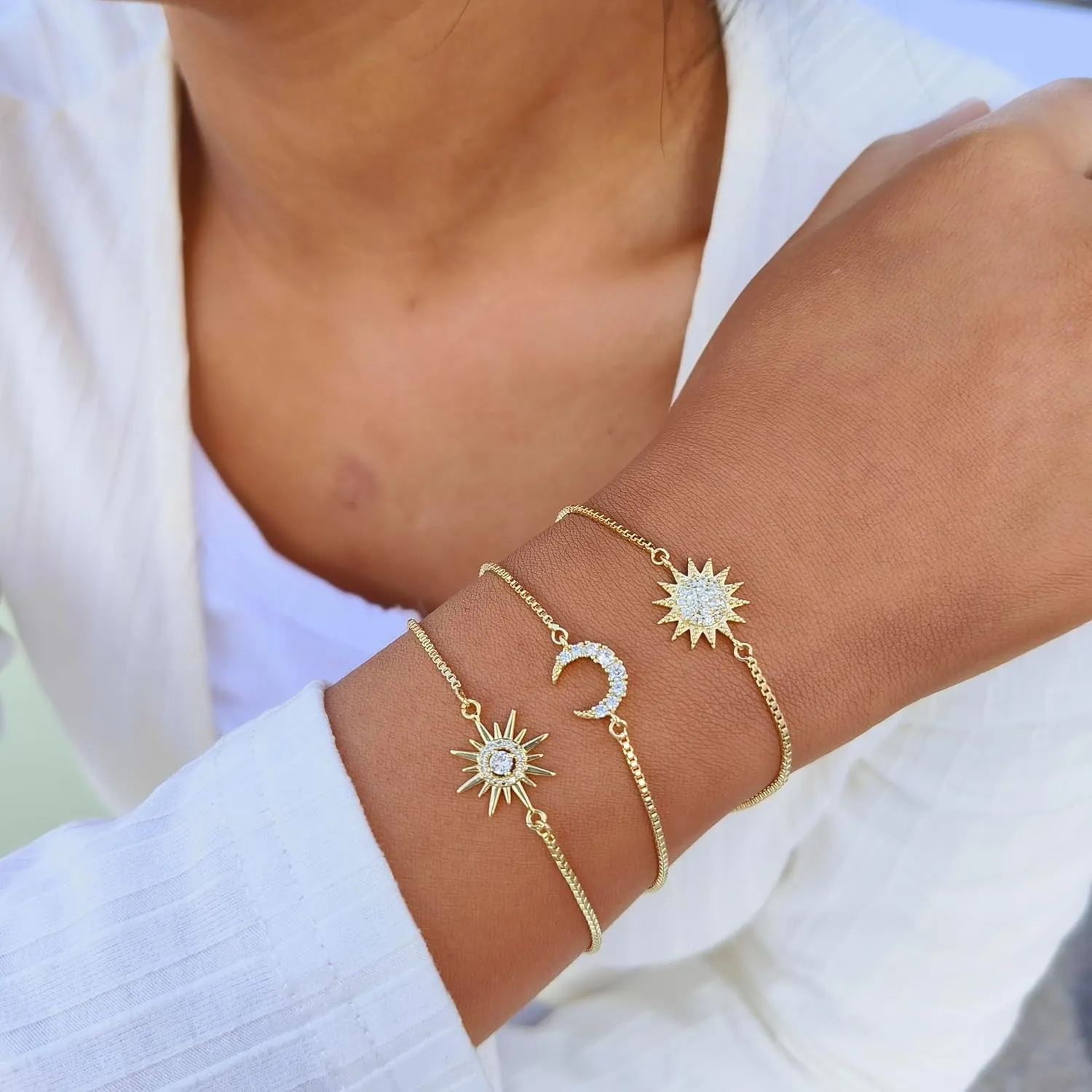 Dainty Bracelets for Women, 14k Gold Plated/Silver Layered Charms Bracelet Herringbone Satellite Beads Box Rope CZ Bracelet Adjustable Cuba Link Chain Bracelet Set Jewelry Gifts