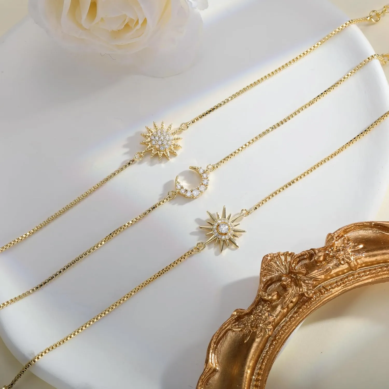 Dainty Bracelets for Women, 14k Gold Plated/Silver Layered Charms Bracelet Herringbone Satellite Beads Box Rope CZ Bracelet Adjustable Cuba Link Chain Bracelet Set Jewelry Gifts