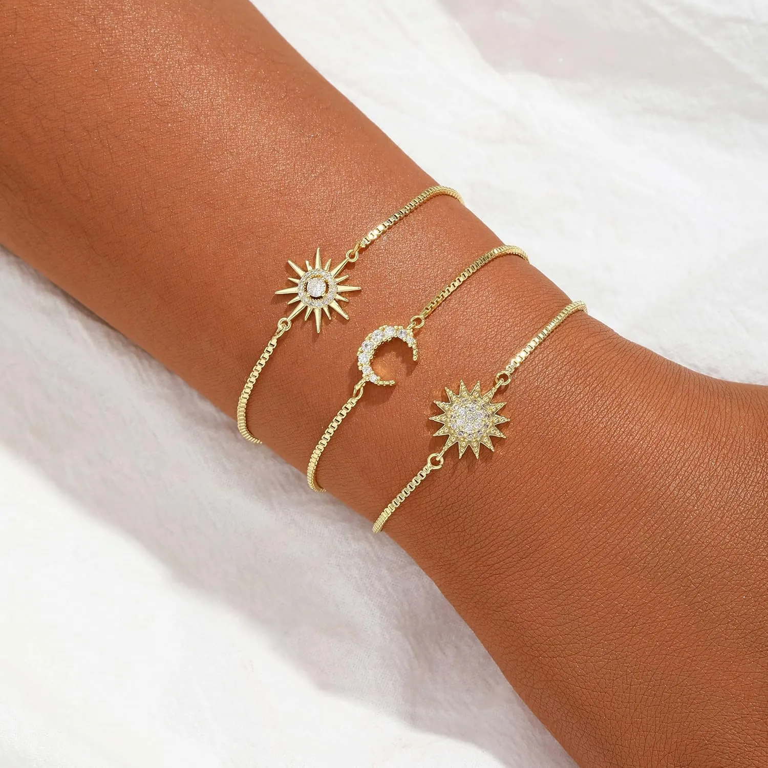 Dainty Bracelets for Women, 14k Gold Plated/Silver Layered Charms Bracelet Herringbone Satellite Beads Box Rope CZ Bracelet Adjustable Cuba Link Chain Bracelet Set Jewelry Gifts