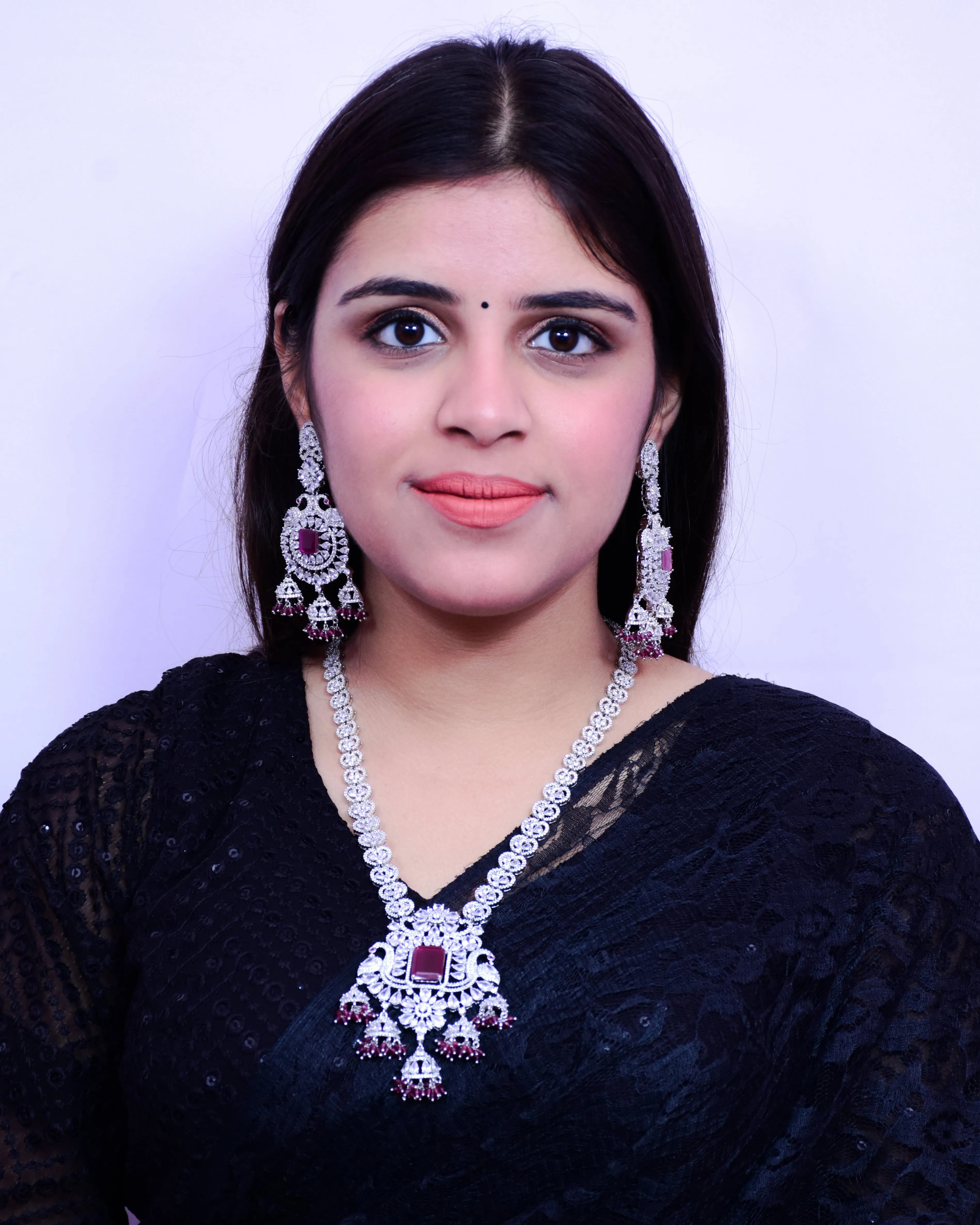 Designer Semi-Precious American Diamond Ruby Necklace with Earrings (D699)