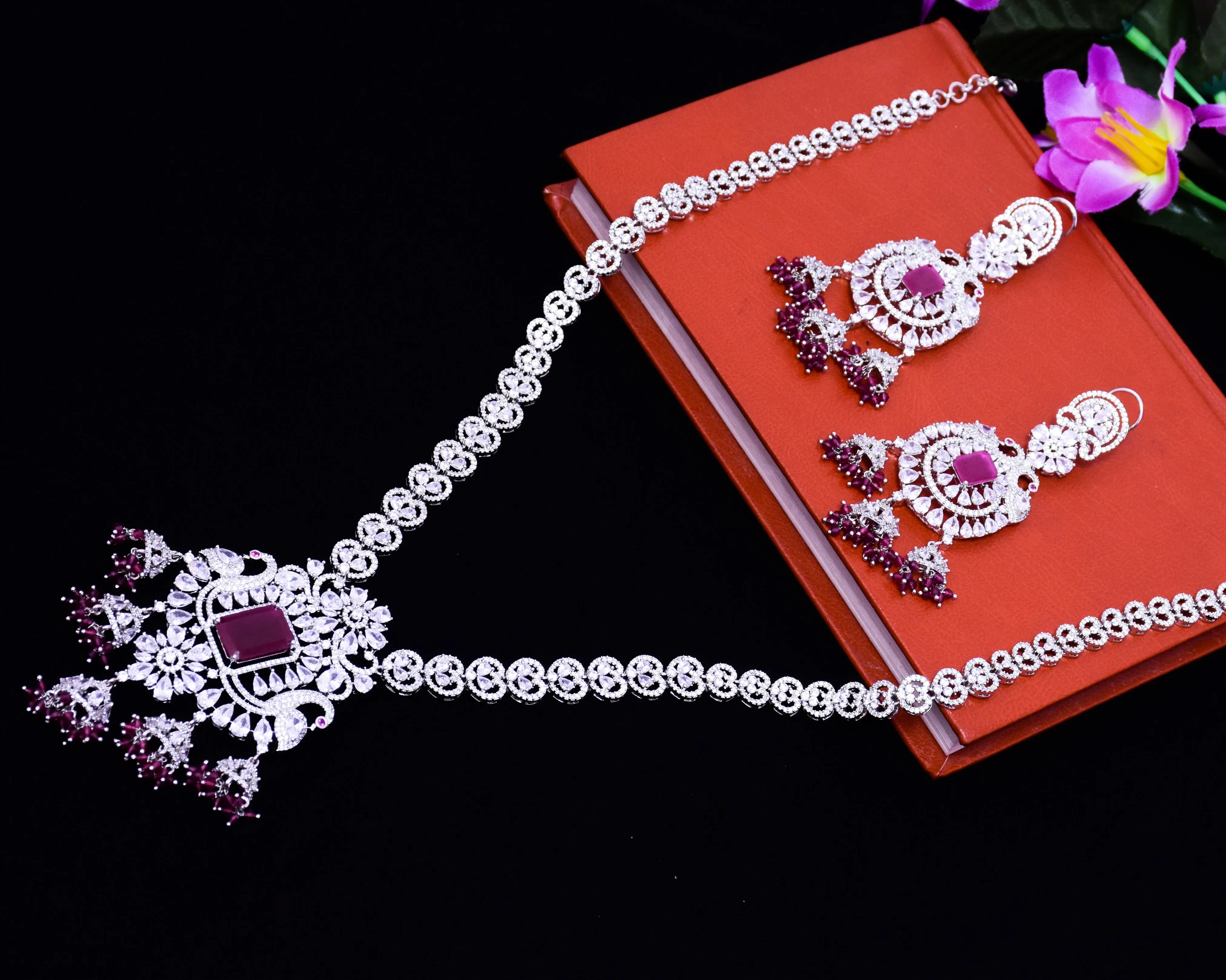 Designer Semi-Precious American Diamond Ruby Necklace with Earrings (D699)