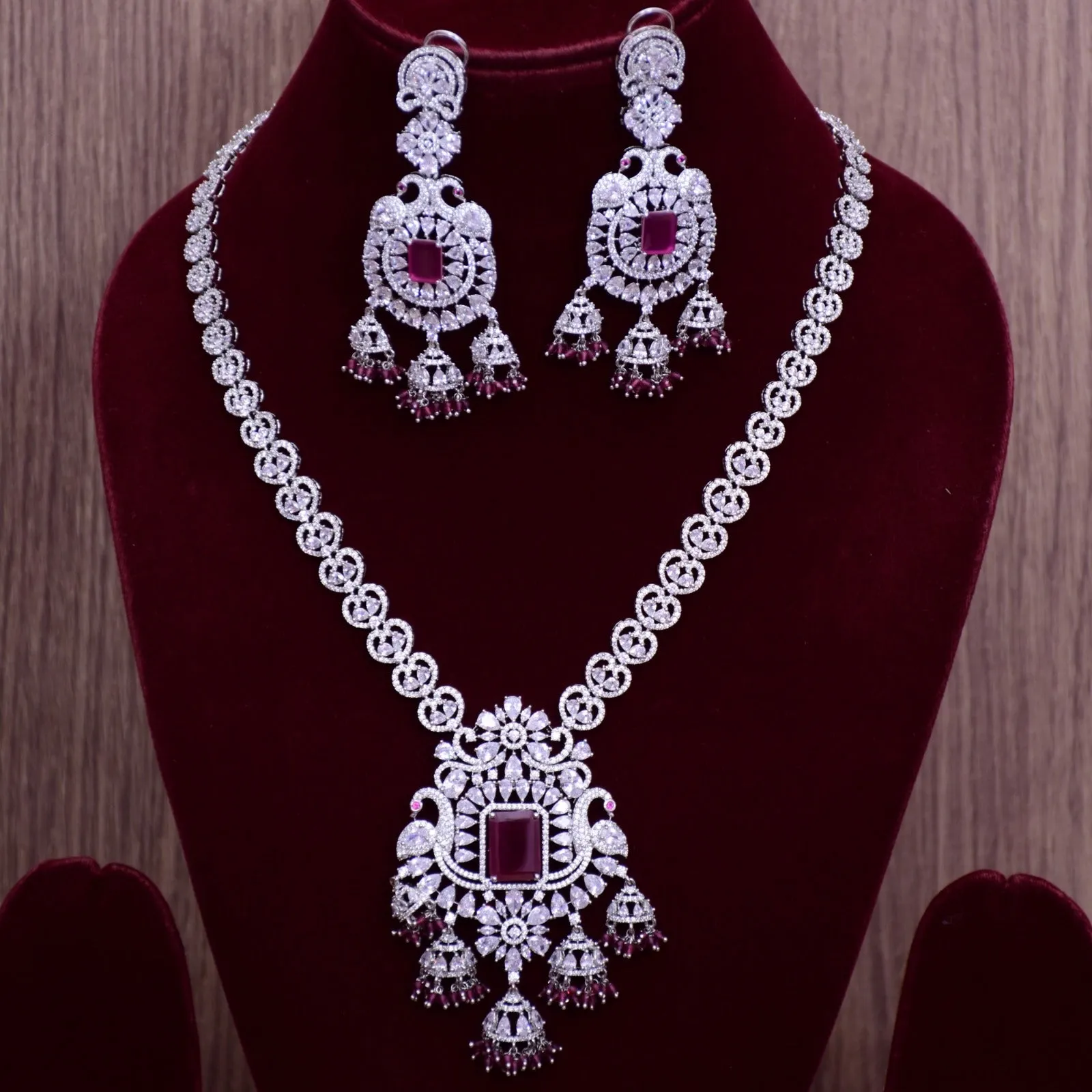 Designer Semi-Precious American Diamond Ruby Necklace with Earrings (D699)