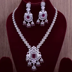 Designer Semi-Precious American Diamond Ruby Necklace with Earrings (D699)