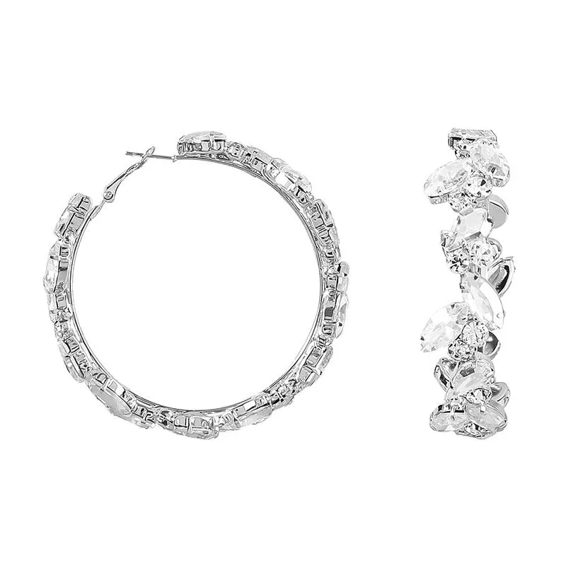 Diamond Glass Encrusted Geometric Ring Earings 2.79" Hoop Earings