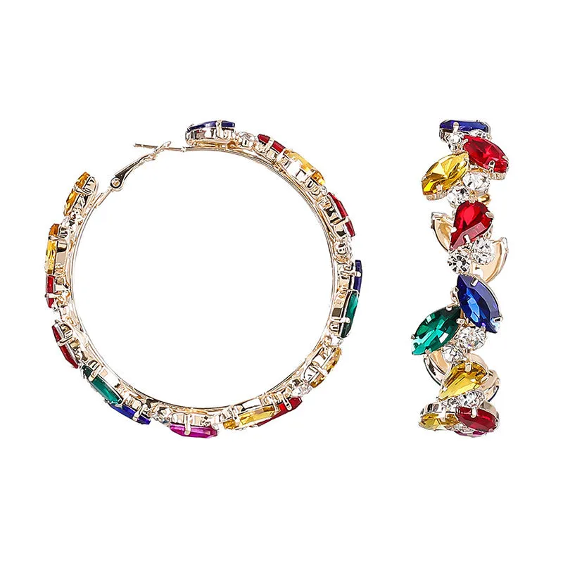 Diamond Glass Encrusted Geometric Ring Earings 2.79" Hoop Earings