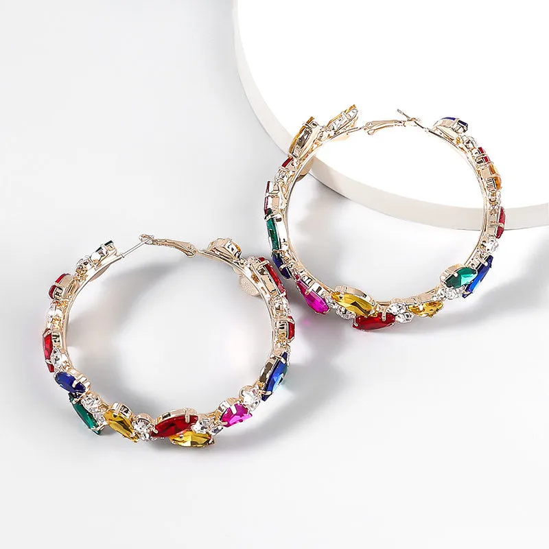 Diamond Glass Encrusted Geometric Ring Earings 2.79" Hoop Earings