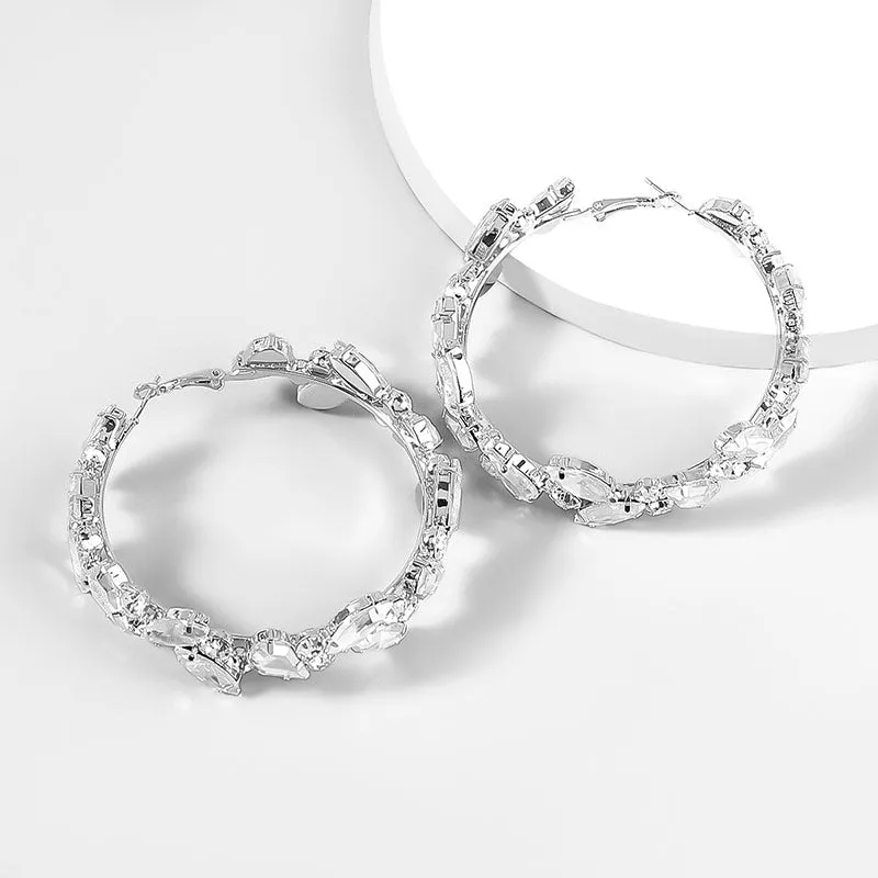 Diamond Glass Encrusted Geometric Ring Earings 2.79" Hoop Earings