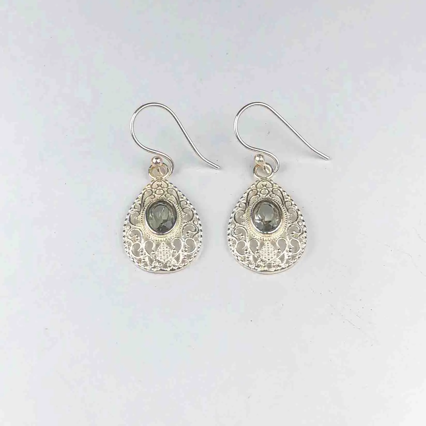 Fashionable Green Amethyst Earrings Made of Brass Silver Polished Danglers