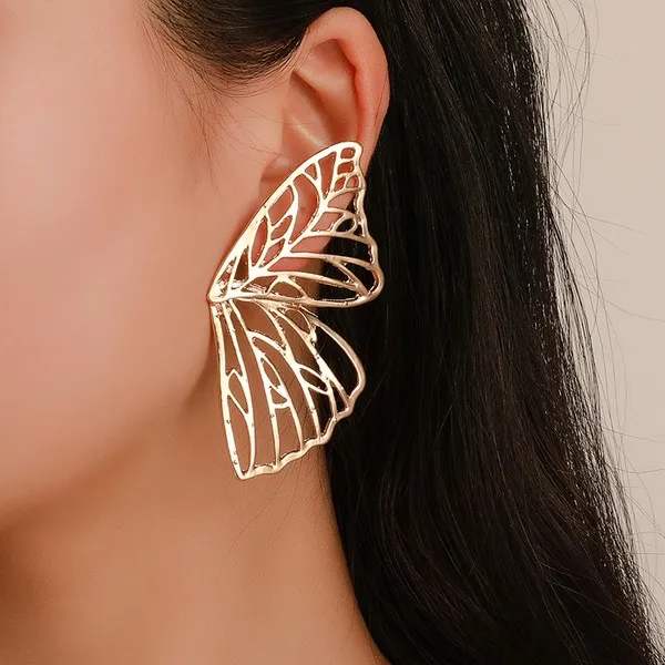 Fashionable Pierced Butterfly Wing Earrings Gold