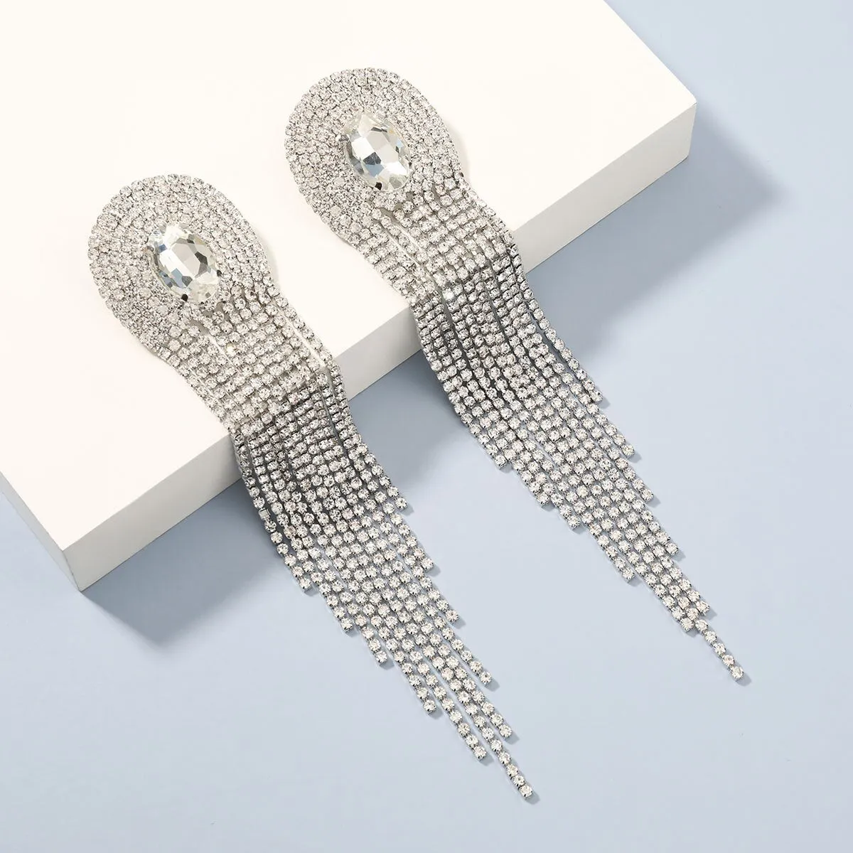 Fashionable Rhinestone Glass Long Tassel Earrings Women