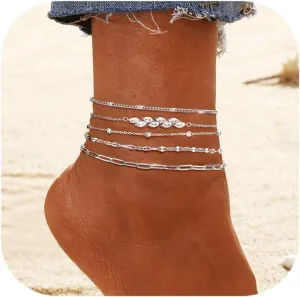 FUNRUN JEWELRY Gold Ankle Bracelets,14 k Gold Plated Waterproof Stainless Steel Cuban Link Chain Ankle Set Paperclip Figaro Layered Anklets Bracelets for Women Dainty Summer Beach Jewelry 5Pcs