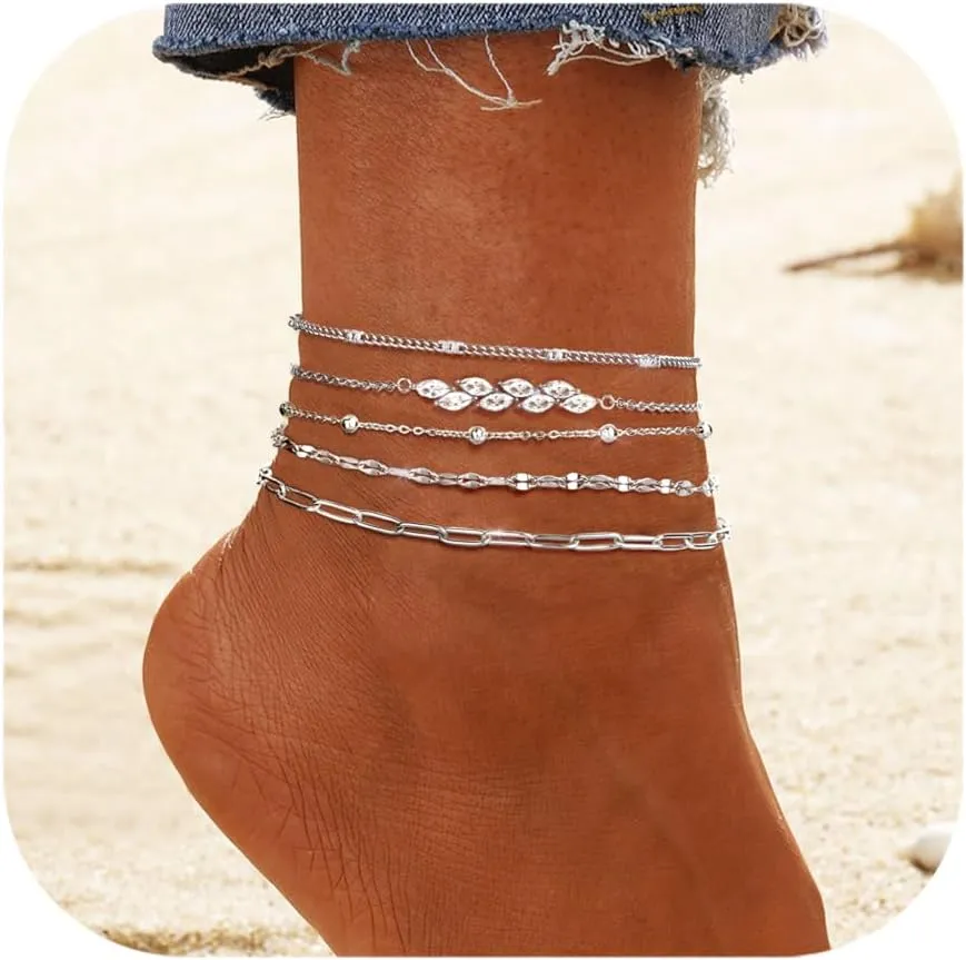 FUNRUN JEWELRY Gold Ankle Bracelets,14 k Gold Plated Waterproof Stainless Steel Cuban Link Chain Ankle Set Paperclip Figaro Layered Anklets Bracelets for Women Dainty Summer Beach Jewelry 5Pcs