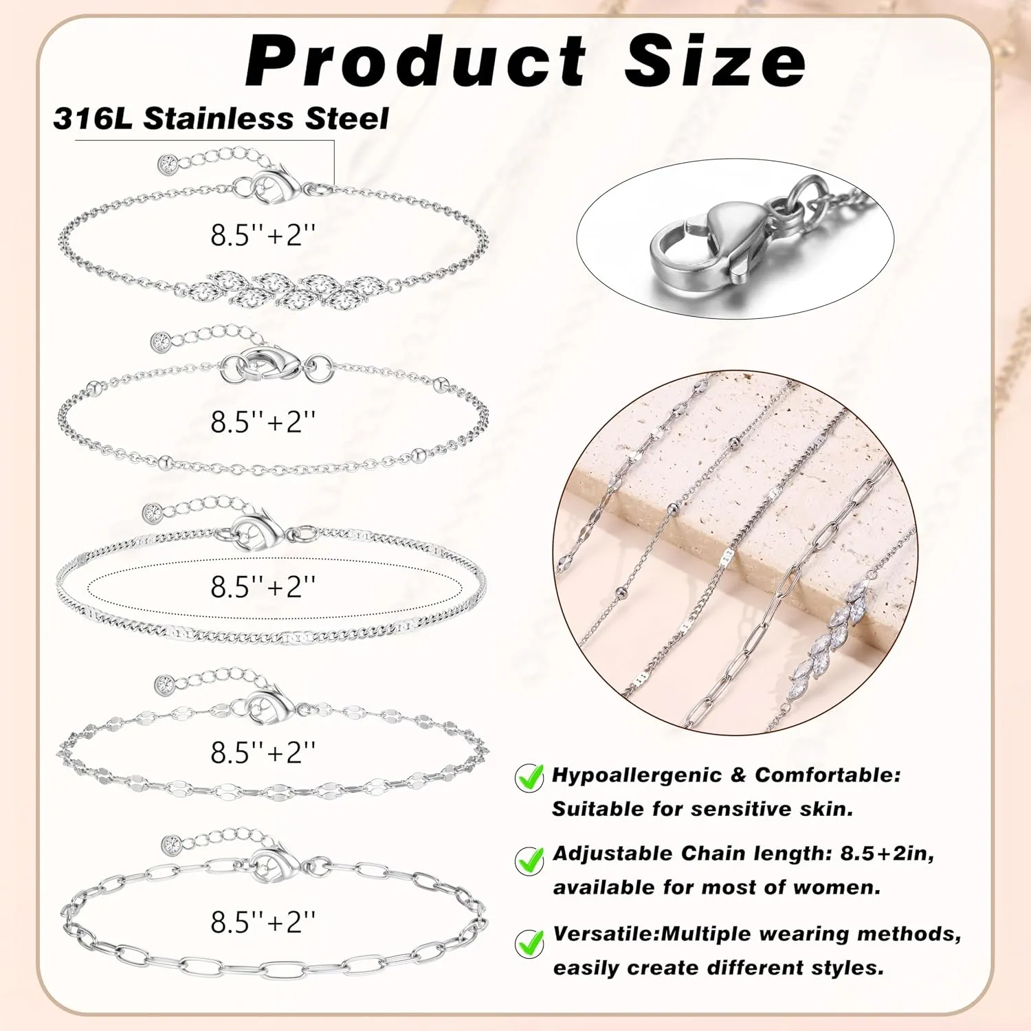 FUNRUN JEWELRY Gold Ankle Bracelets,14 k Gold Plated Waterproof Stainless Steel Cuban Link Chain Ankle Set Paperclip Figaro Layered Anklets Bracelets for Women Dainty Summer Beach Jewelry 5Pcs
