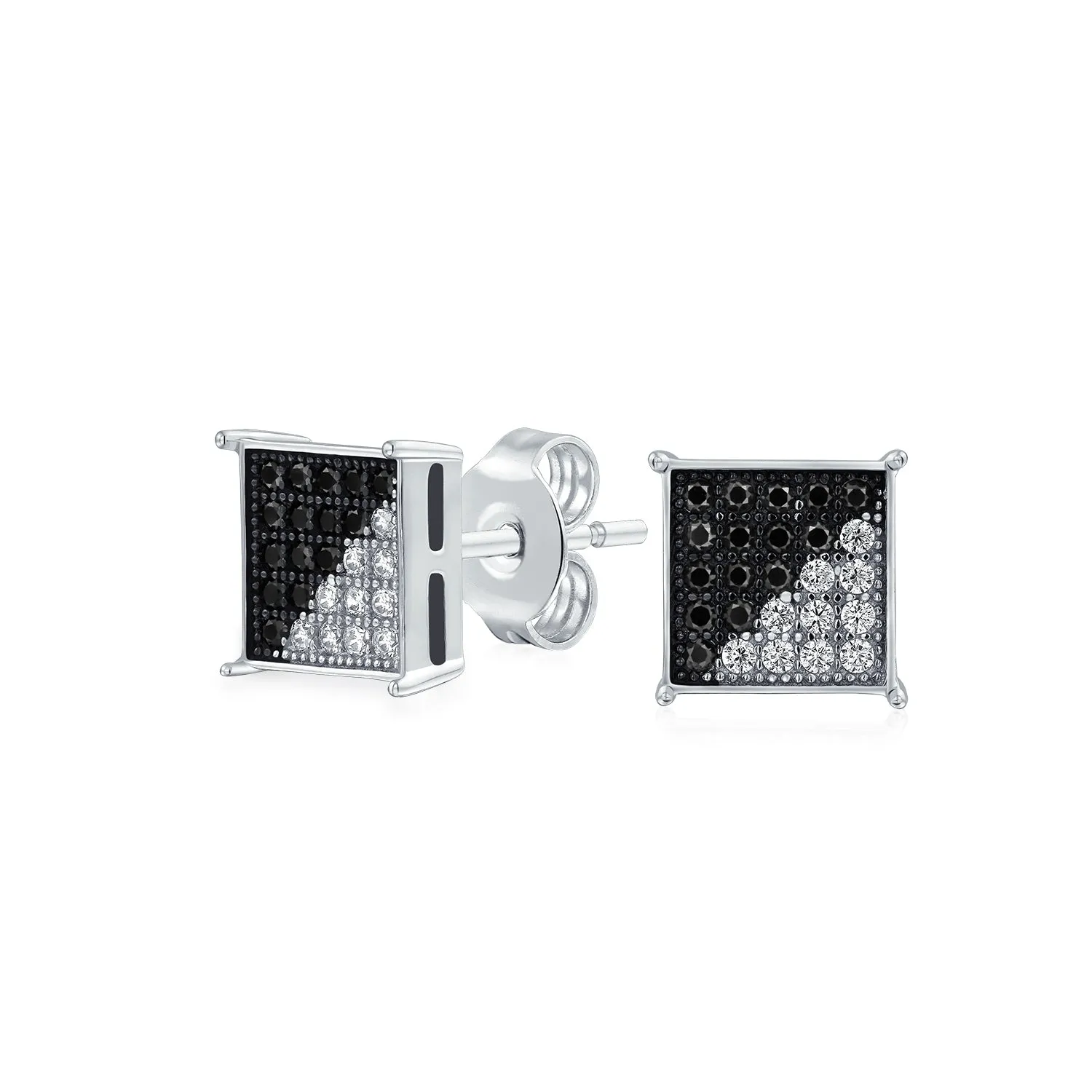 Geometric Black White CZ Stud Earrings for Men, Sterling Silver, 8MM Square