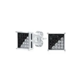 Geometric Black White CZ Stud Earrings for Men, Sterling Silver, 8MM Square