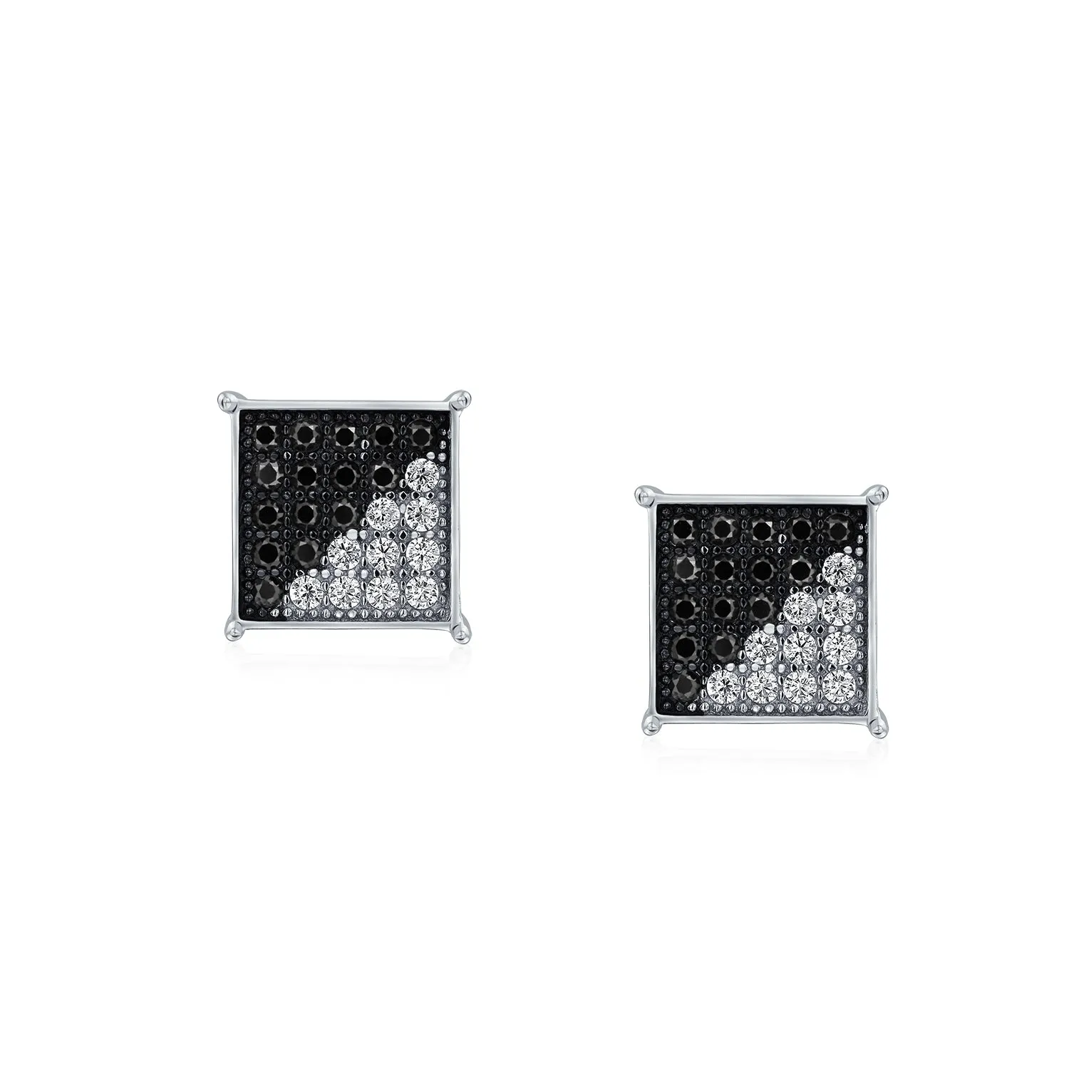 Geometric Black White CZ Stud Earrings for Men, Sterling Silver, 8MM Square