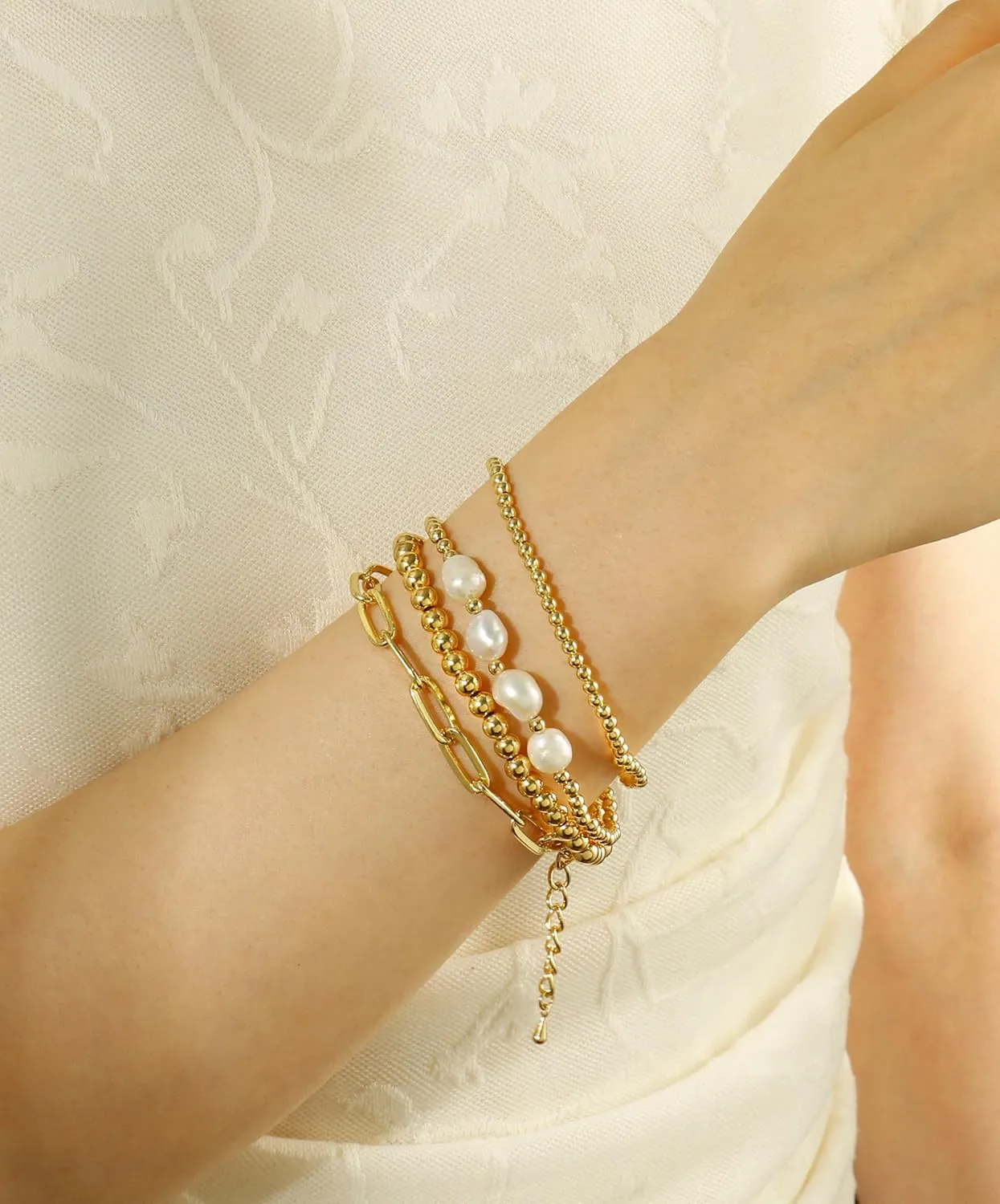 Gold Beaded Bracelets for Women Boho Crystal Multiple Layered Stackable Wrap Bangle Set Paperclip Chain Trendy Jewelry