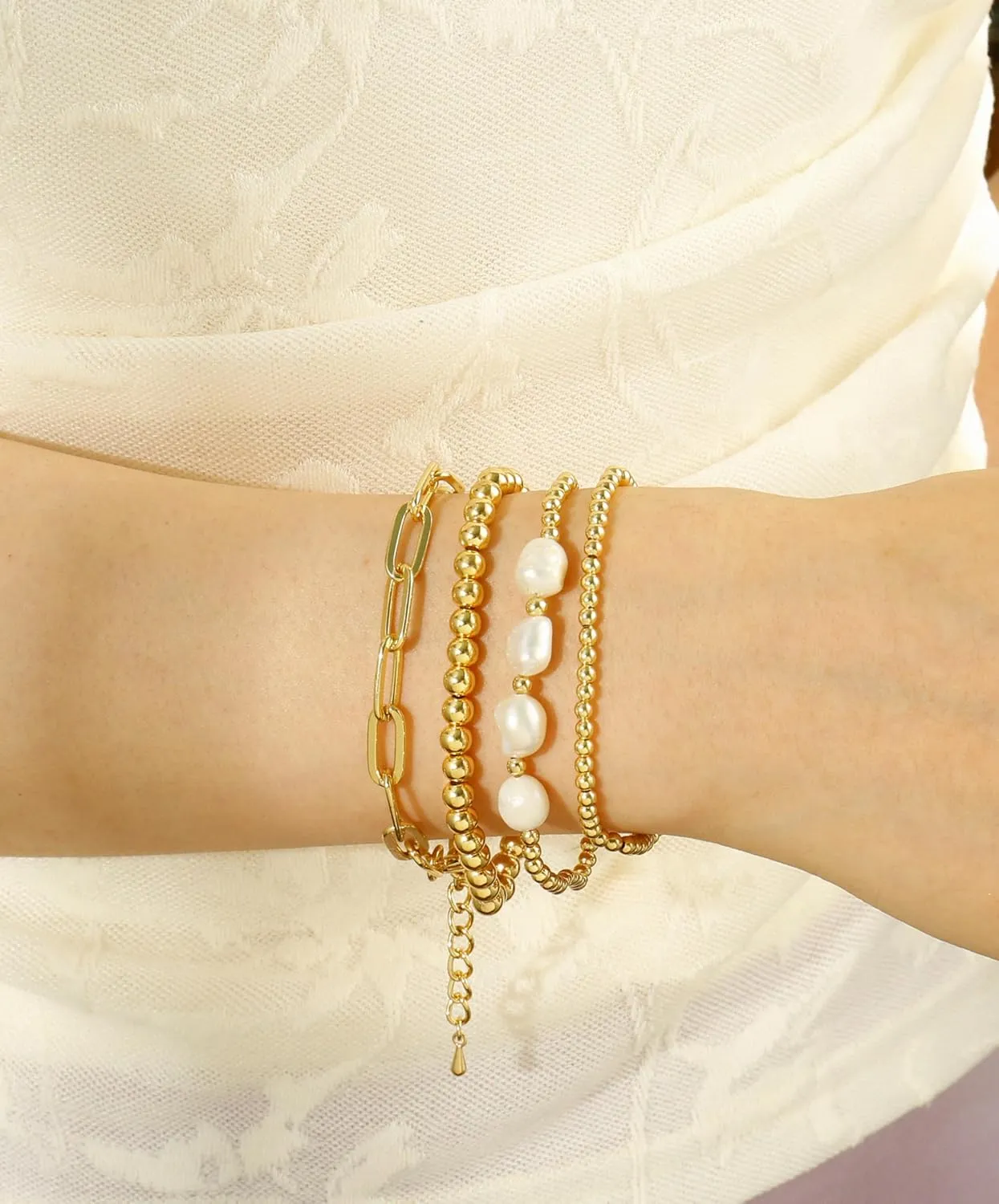 Gold Beaded Bracelets for Women Boho Crystal Multiple Layered Stackable Wrap Bangle Set Paperclip Chain Trendy Jewelry