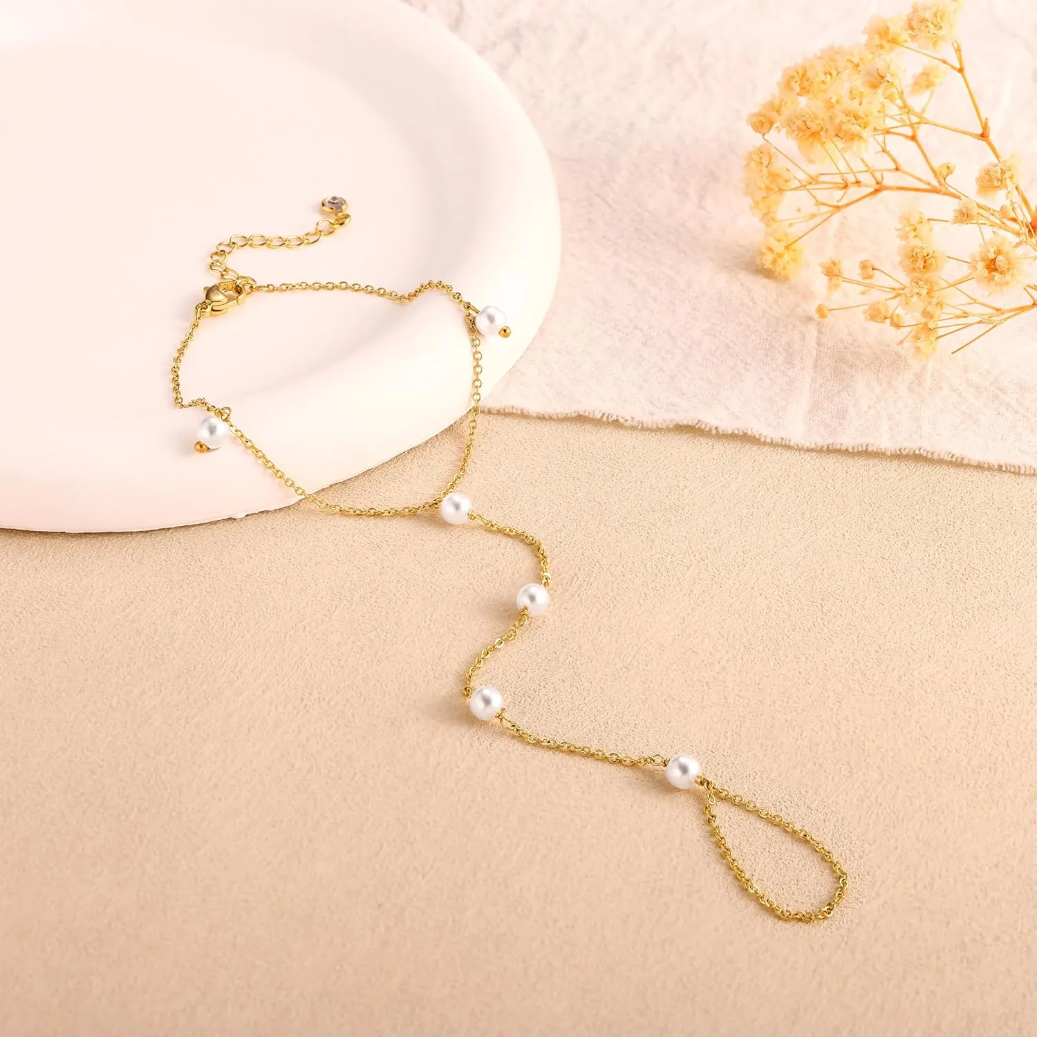 Gold Bracelets for Women, 14K Gold Plated/Silver Hand Chain Bracelet for Women Trendy Finger Ring Bracelet Hand Chain Dainty Adjustable Hand Chain Jewelry Gifts for Women