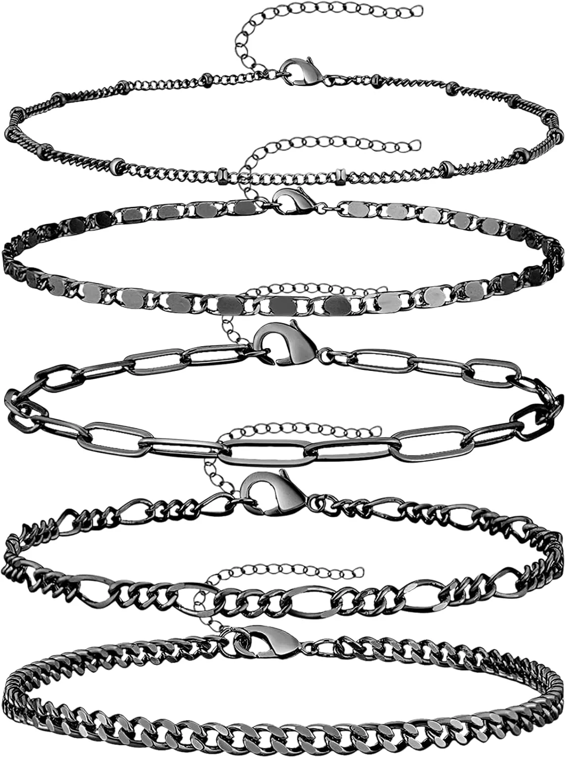Gold Bracelets for Women - 14K Real Gold Dainty Classic Cuban Link Paperclip Chain Layered Bracelet Sets in Black (Style 02)