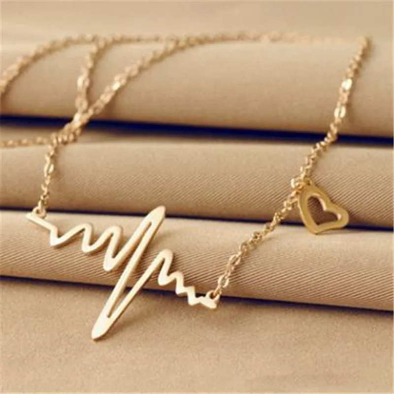 Gold Color Chain Heart Pendant Necklace Women Titanium Steel Heartbeat Necklace Silver Female Choker Necklaces Jewelry Girl Gift