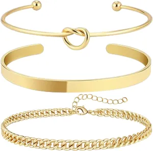 Gold Cuff Bracelets for Women,Dainty Gold Bangle Bracelets Set for Women Trendy, Simple Cuban Chain Bracelet Stack Jewelry